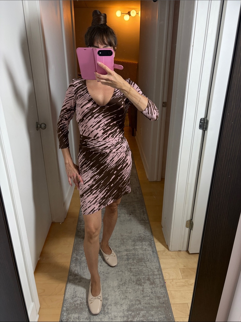 BCBGMaxAzria Pink and Brown V-Neck Wrap Dress